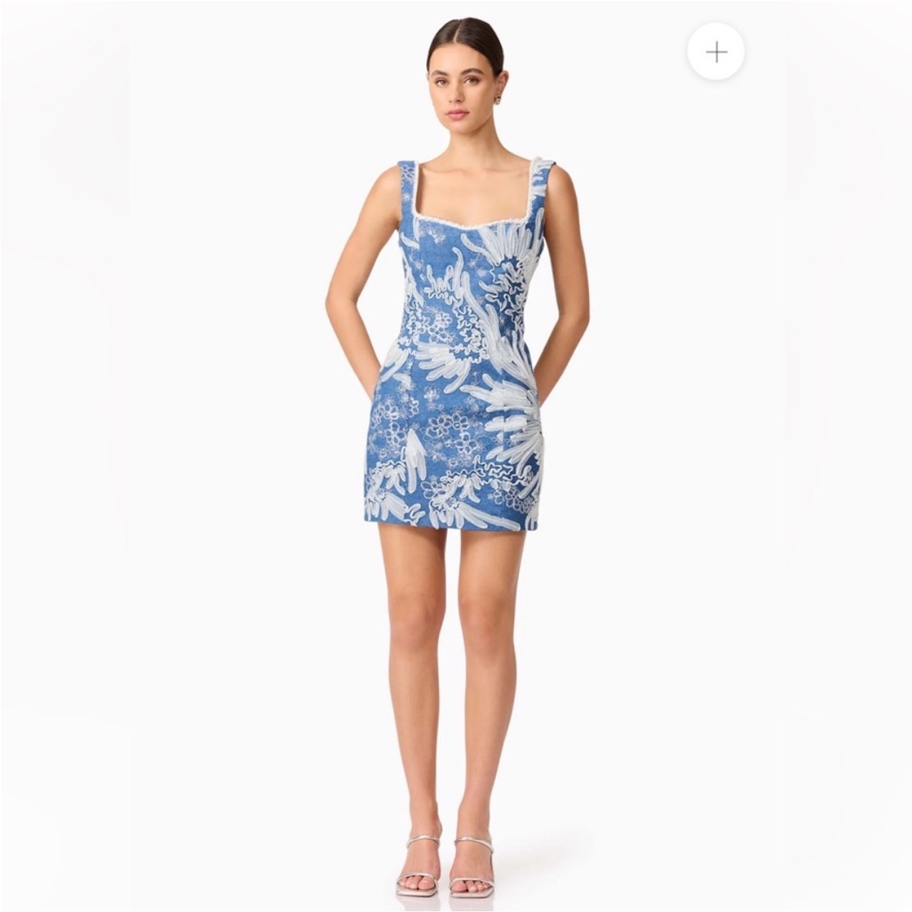 Elliatt Anneliese Blue Denim Pearl & Ribbon Embroidered Mini Dress Large New